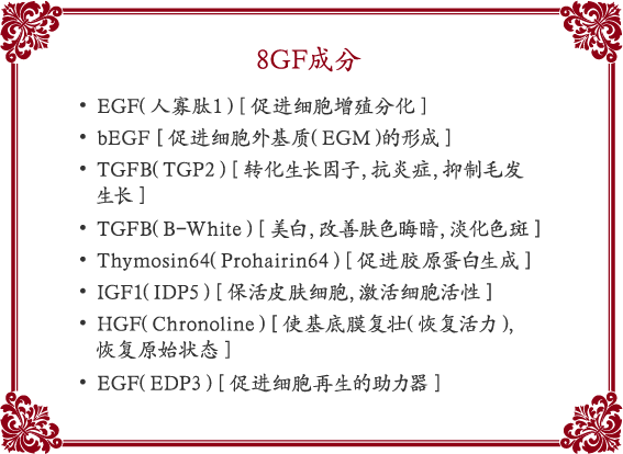 8GF成分• EGF（人寡肽1） ［促进细胞增殖分化］• bEGF ［促进细胞外基质（EGM）的形成］• TGFB（TGP2） ［转化生长因子，抗炎症，抑制毛发　生长］• TGFB（B-White） ［美白，改善肤色晦暗，淡化色斑］• Thymosin64（Prohairin64） ［促进胶原蛋白生成］• IGF1（IDP5） ［保活皮肤细胞，激活细胞活性］• HGF（Chronoline） ［使基底膜复壮（恢复活力），　恢复原始状态］• EGF（EDP3） ［促进细胞再生的助力器］